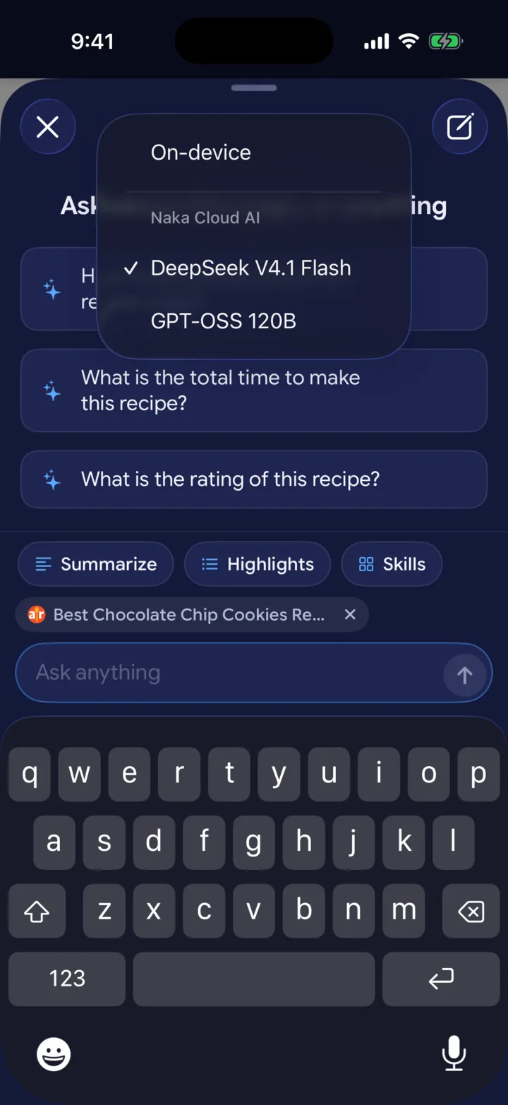 The model menu in the Ask Naka panel: On-device, or a Naka Cloud AI model.
